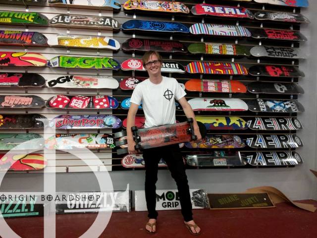 Say hello to John, currently attending Fullerton College, he's a bit of a celebrity for us.. he was just on the TV show Wipeout (Brains vs Brawns)... and he's actually the winner!! Catch him on ABC! Johnny just picked up some skate parts and a cool Origin Tshirt... 